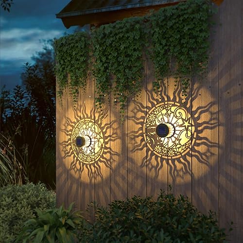 Miniatura 7 de Paquete de 2 luces solares de metal para vallas, luces solares de pared para exteriores, cubierta de sol, luna, luz impermeable para valla para