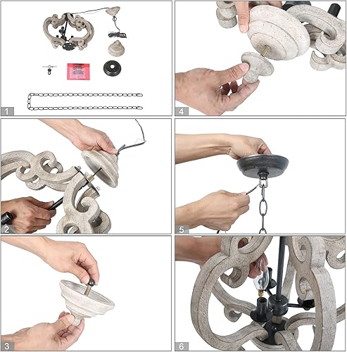 Miniatura 8 de Lámpara de araña de granja para comedor, lámpara de madera para vestíbulo, 15.5 pulgadas de diámetro