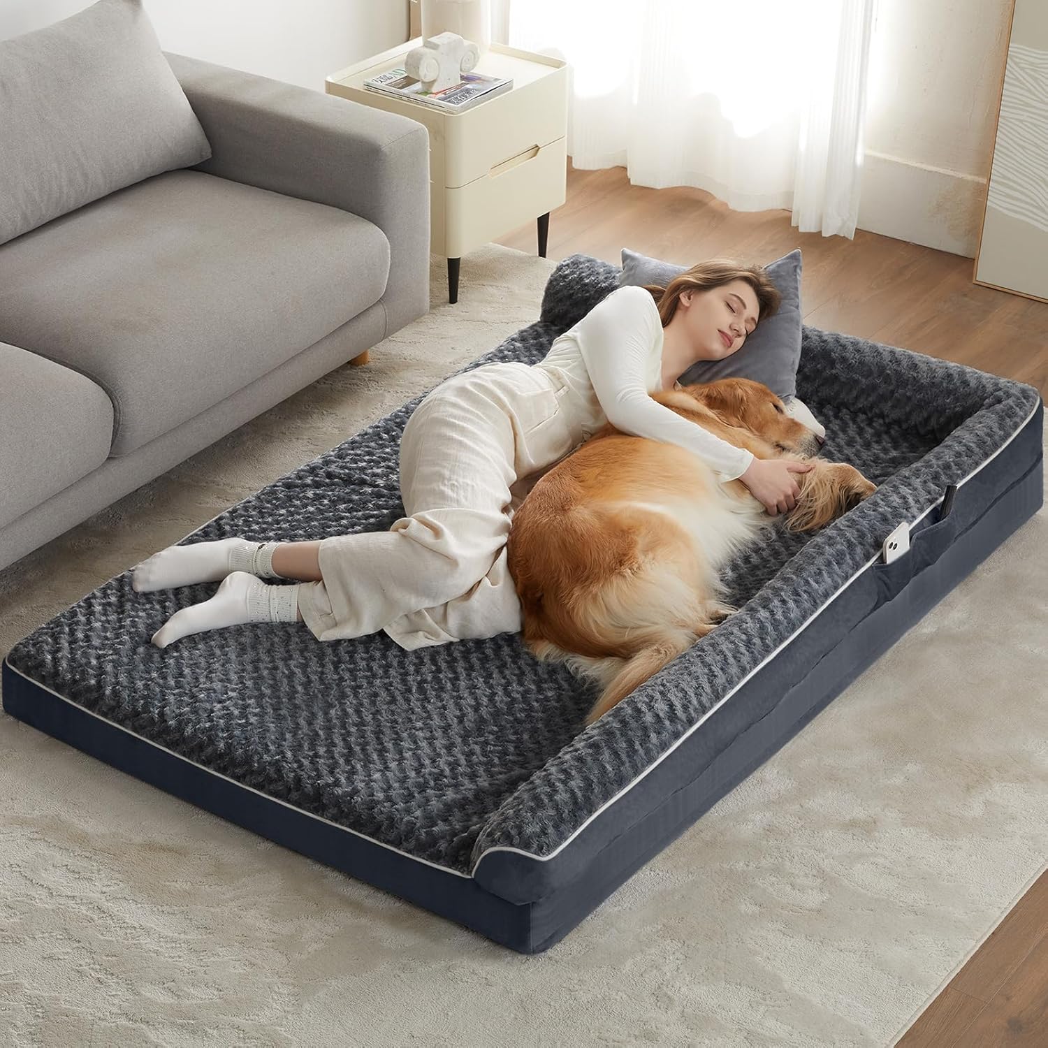 BFETHOMEA Camas ortopédicas para cães extra grandes, sofá à prova d'água xxl cama para animais de estimação com laterais, fundo antiderrapante e espuma de engradado de ovo Cama grande sofá com capa removível lavável, cama para cães grandes