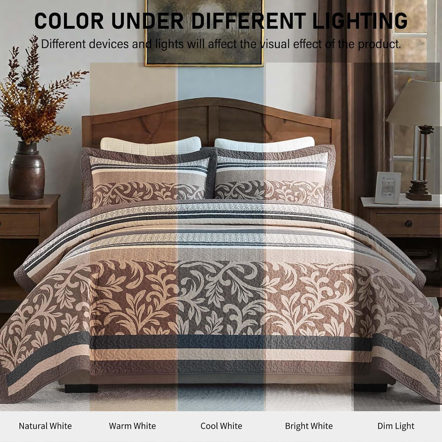 KALOOLA Farmhouse Quilt Set King Size - 100% Cotton Lightweight Rustic Quilted Bedspread with 2 Pillow Shams, Printed Striped Botanical Reversible Bedding Coverlet for All Seasons, 3Pcs, Brown/Beige - Image 7