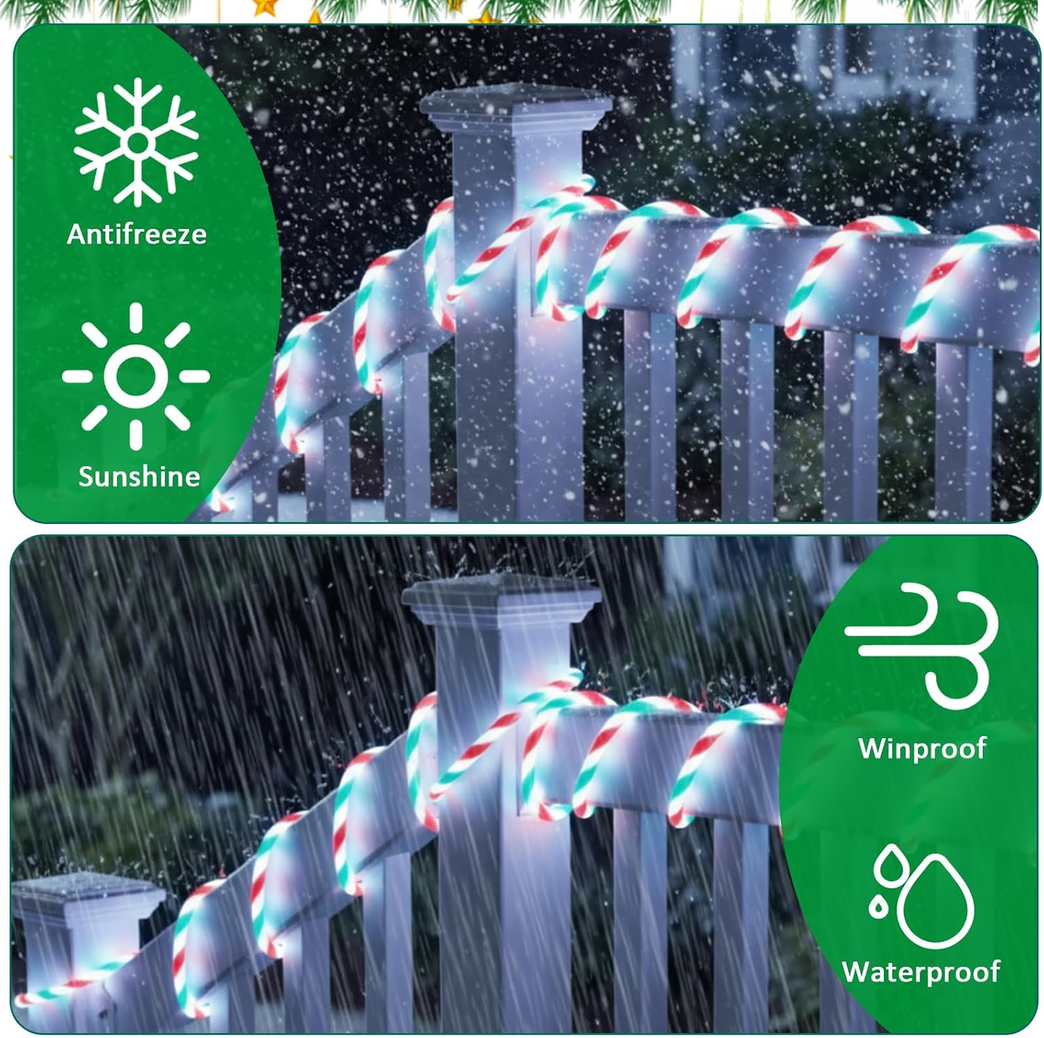 Glooglitter Thick Christmas Candy Cane Rope Light 0.4" Diameter, 33 ft 200 LED Candy Lights 8 Modes Waterproof Multicolor Lights for Garden Xmas Tree, Indoor Outdoor Christmas Decoration (White)