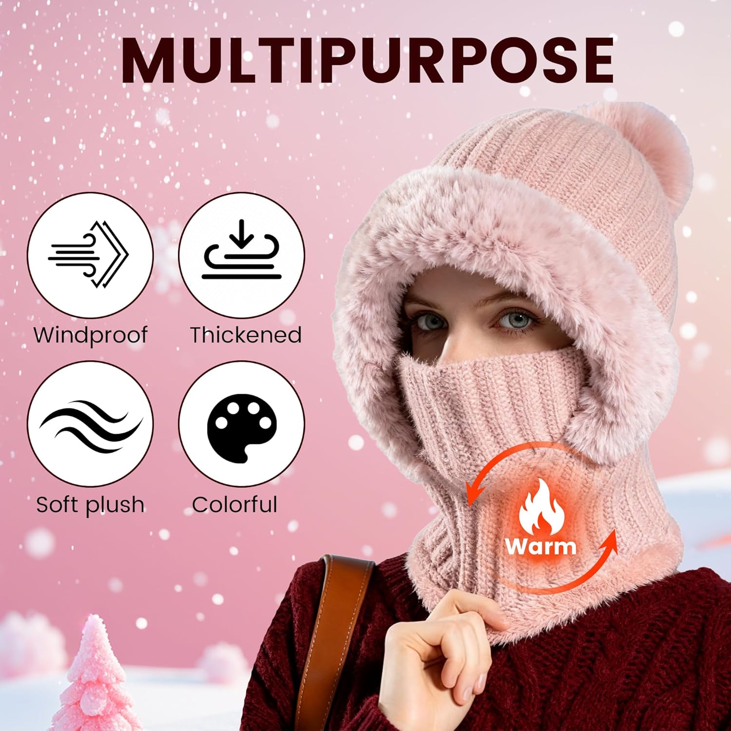 2026 New 3 in 1 Winter Beanie Hat for Women, Women's Knitted Hat Cold Resistant, Wind-Resistant Face Mask Hooded Scarf - Image 2