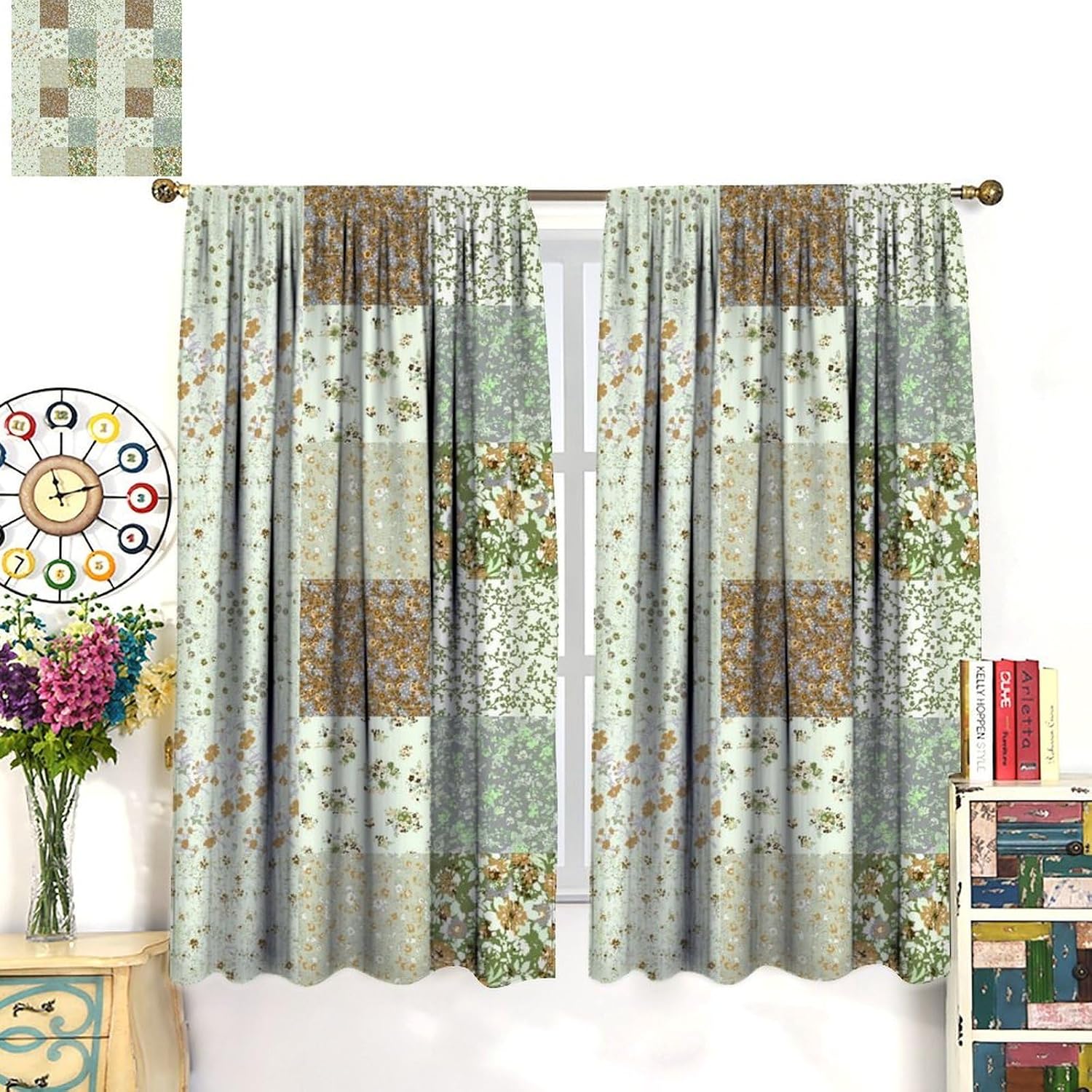 Boho Flower Patchwork Blackout Curtains Farmhouse Patchwork Quilted Country Check Print Window Drapes for Bedroom Living Room Kitchen Cafe （W26xL84 Inch） x2 Panels