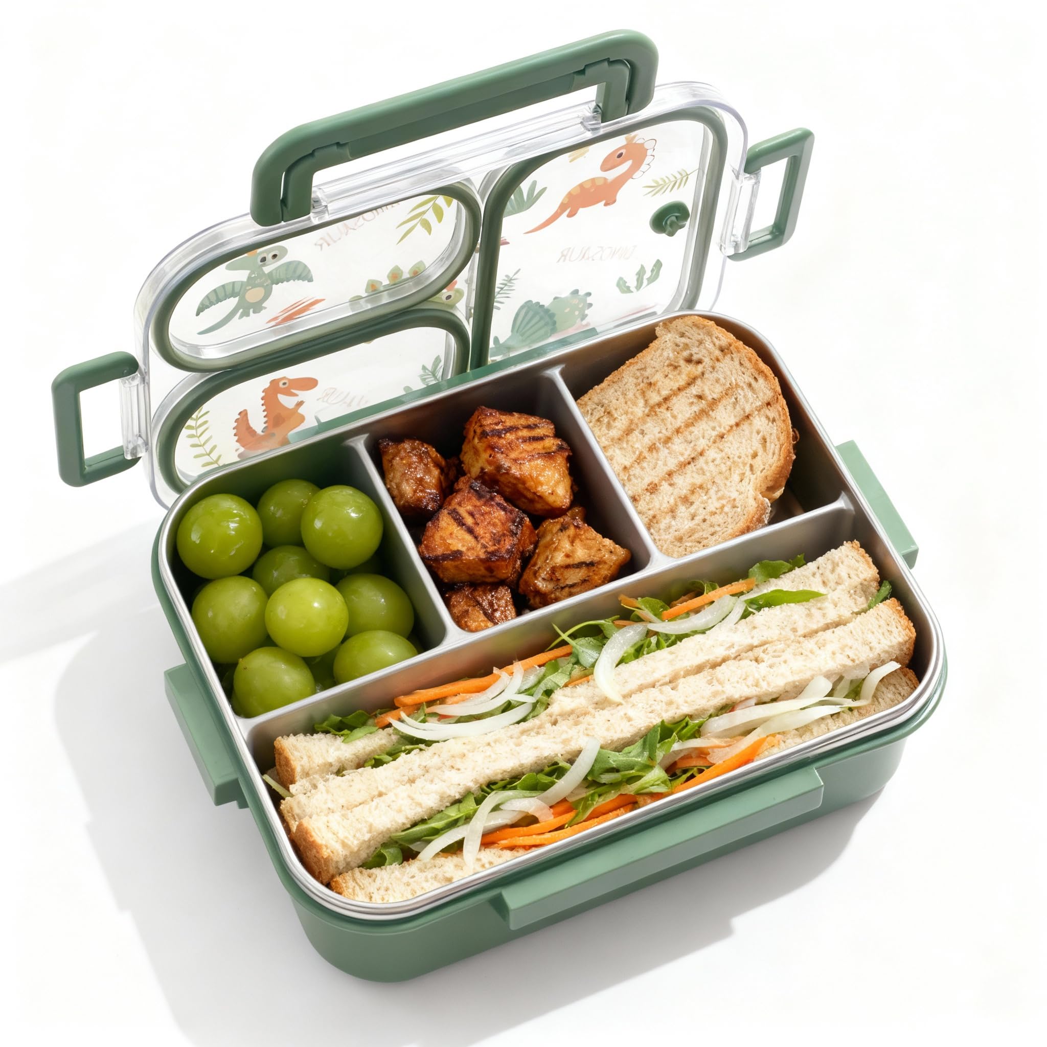 - 900ml Stainless Steel Lunch Box With Utensils, 3-Compartments Bento Box For Adults, Portable Hidden Handle, Leak-Proof Lunch Container, Prevent Food Mixing, Microwave & Dishwasher Safe