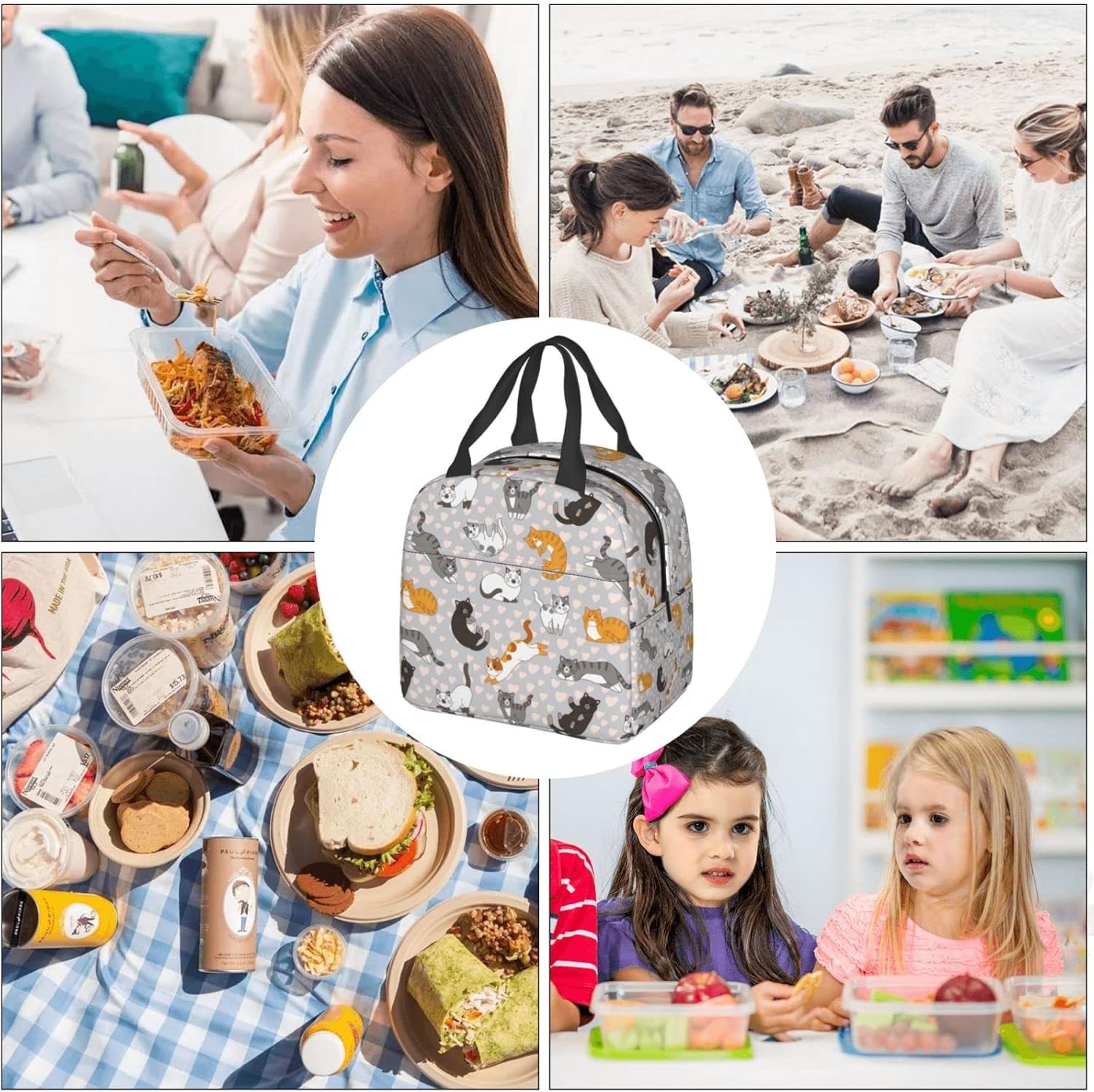 Cute Cat Kitten Kawaii Insulated Lunch Bag For Women Men Reusable Lunch Box Container Waterproof Portable Cooler Thermal Tote Bag For Work Office Picnic Beach Travel - Image 9