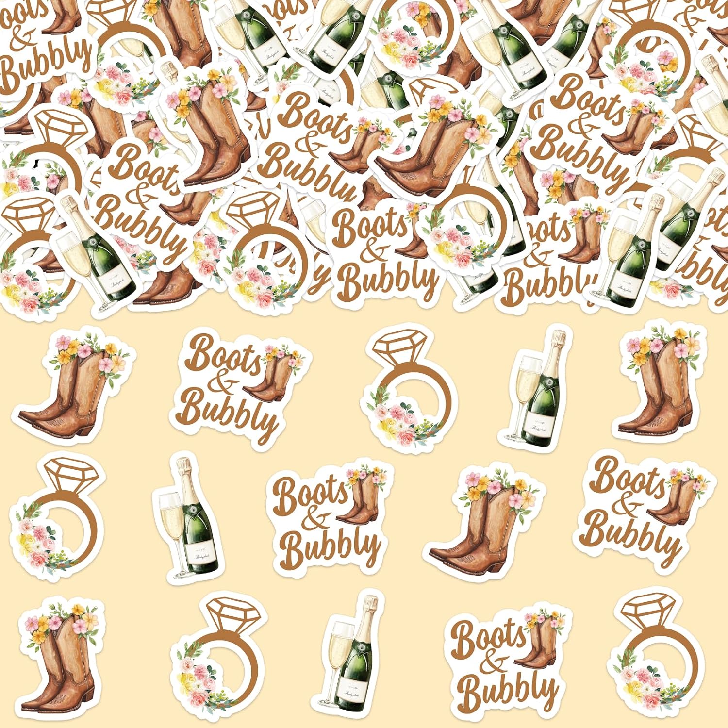 Sursurprise Boots and Bubbly Bridal Shower Decorations, 200Pcs Boots and Bubbly Confetti for Table, Champagne Cowgirl Western Country Wedding Bachelorette Engagement Party Supplies