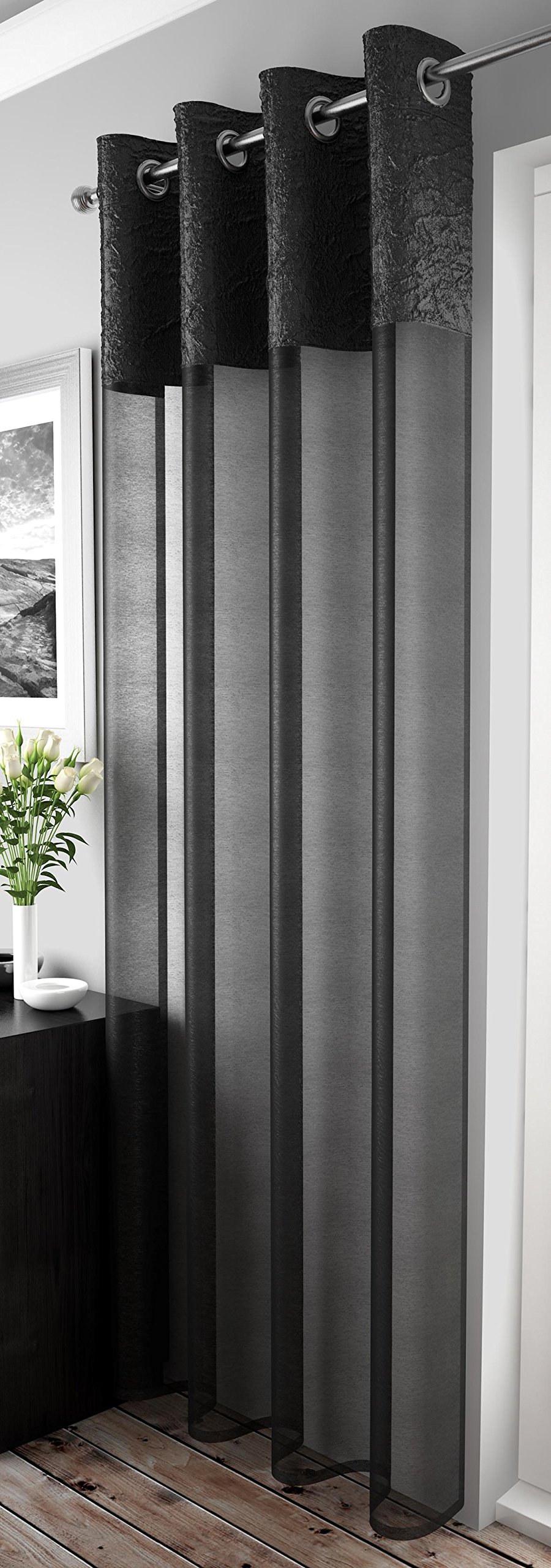 Ians Emporium Black Maddy Modern Voile Eyelet Ring Top Curtain Panel Crushed Header 53" (135Cm) X 90" (137Cm)