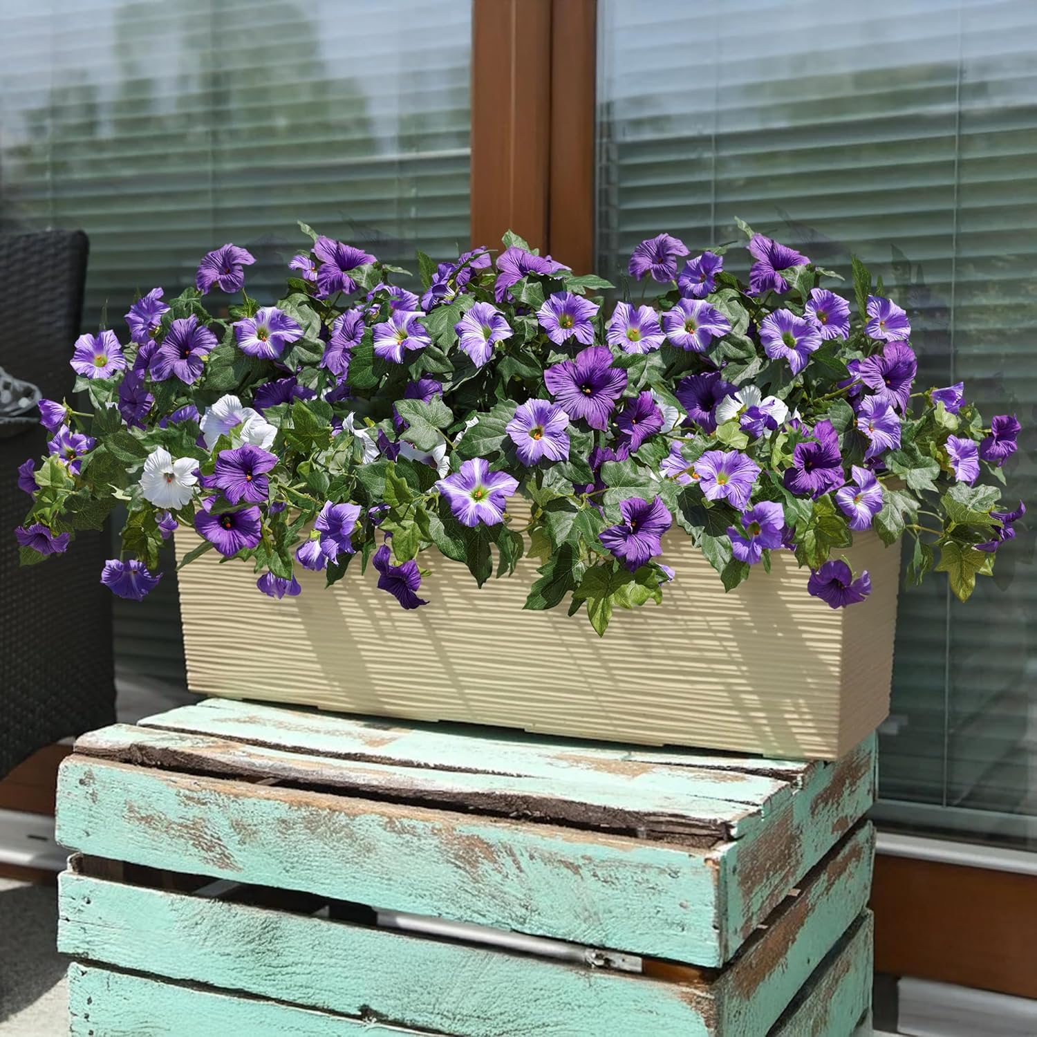 HyeFlora Artificial Flowers for Outdoors 2PCS Spring Faux Morning Glory Look Real Silk Flowers for Outside Planter UV Resistant Fake Flowers for Home Garden Balcony Yard Porch Deco Purple - Image 7