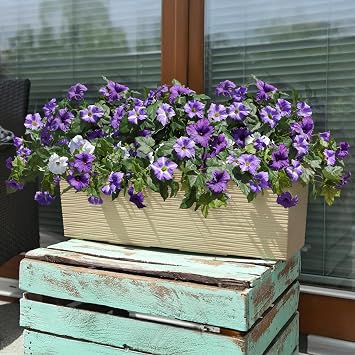 HyeFlora Artificial Flowers for Outdoors 2PCS Spring Faux Morning Glory Look Real Silk Flowers for Outside Planter UV Resistant Fake Flowers for Home Garden Balcony Yard Porch Deco Purple