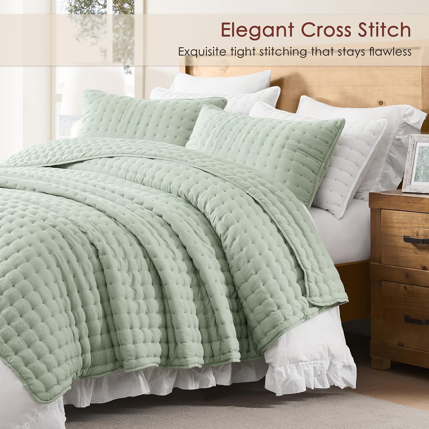 WDCOZY Sage Green Twin Quit Size Bedding Sets with Pillow Sham, Lightweight Soft Bedspread Coverlet, Quilted Blanket Thin Comforter Bed Cover for All Season, 2 Pieces, 68x90 inches thumbnail