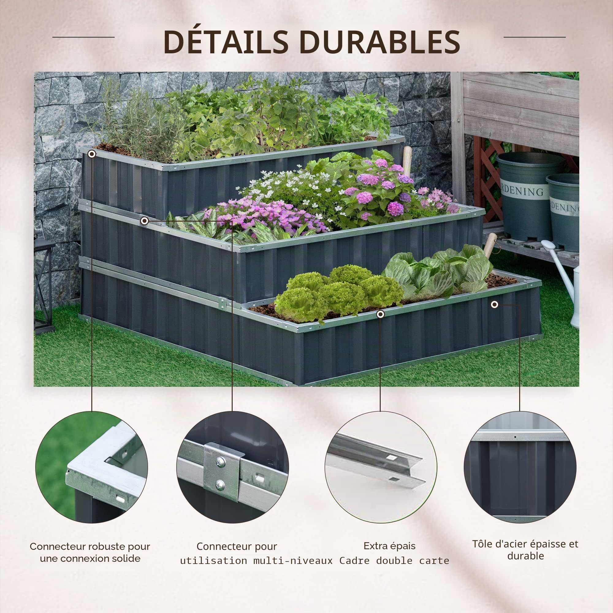 Outsunny Plate-bande surélevée en acier à 3 niveaux avec panneaux en forme de T, gants, parterre de plantes, escalier de fleurs, pour balcon, jardin, gris foncé 118 x 118 x 62 cm