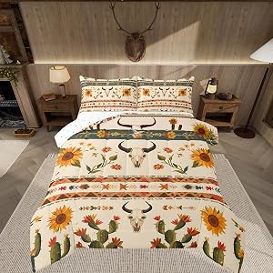 Feelyou Rustic Western Comforter Set Full Size Bull Skull Floral Printed Bedding Set for Kids Boys Girls Room Decor Vintage Sunflower Farmhouse Comforter Geometric Western Boho Quilt Set
