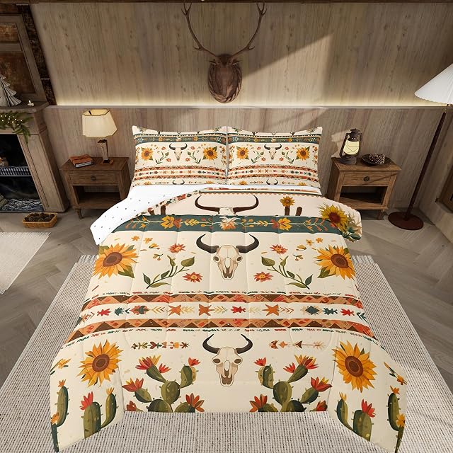 Feelyou Rustic Western Comforter Set Full Size Bull Skull Floral Printed Bedding Set for Kids Boys Girls Room Decor Vintage Sunflower Farmhouse Comforter Geometric Western Boho Quilt Set