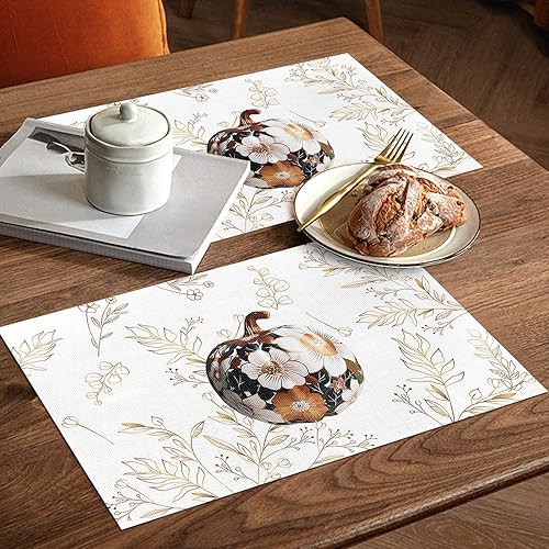 Miniatura 10 de Juego de 6 manteles individuales de Acción de Gracias, manteles individuales de vinilo tejido de PVC lavables, para mesa de comedor, color beige