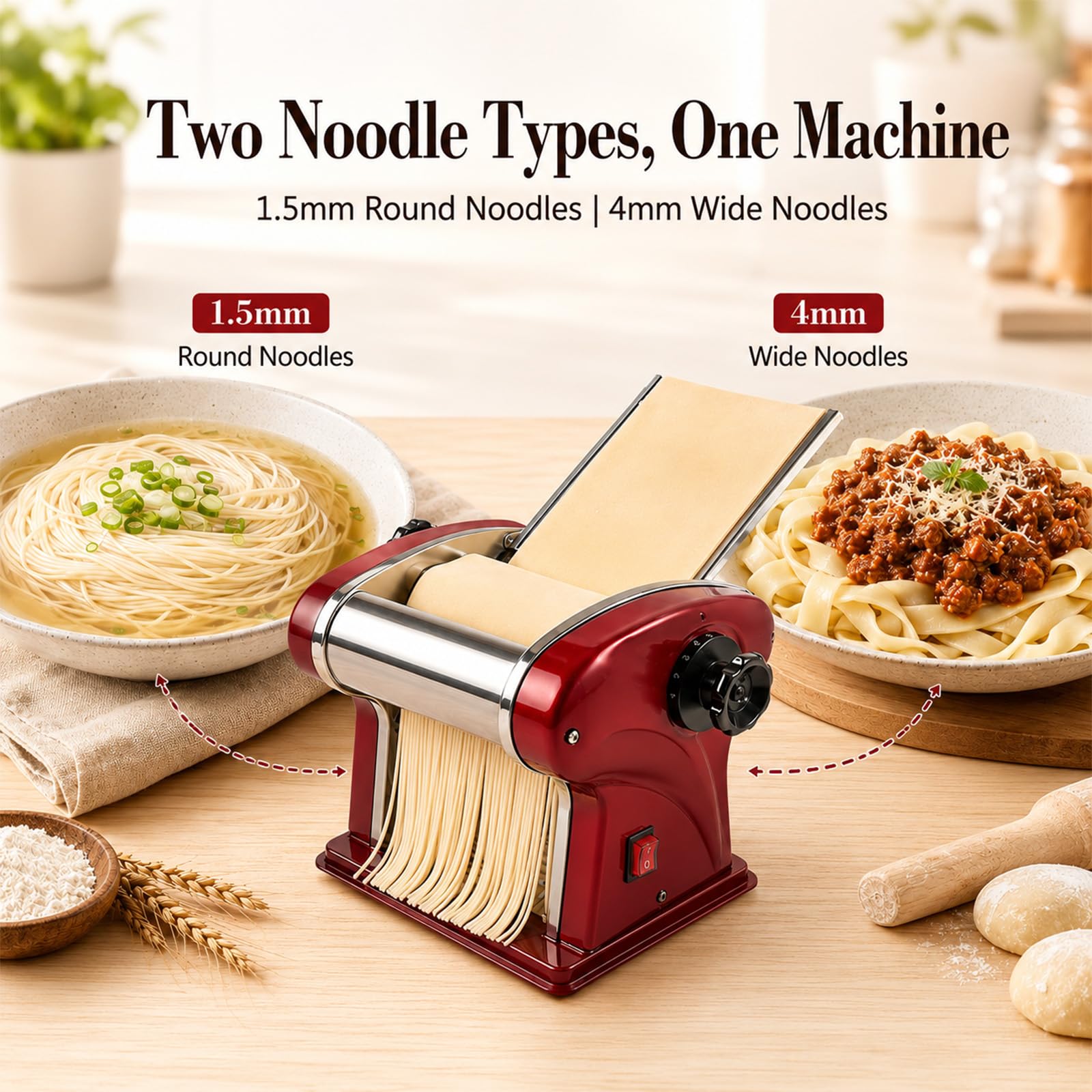 Macchina per Pasta Elettrica SHILINTONG - Macchina per Fare la Pasta Fresca con Doppia Lama in Acciaio Inossidabile - 1.5mm (Tonda) e 4mm (Piatta) - Per Uso Domestico e Commerciale