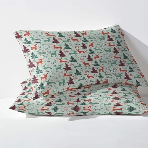Miniatura 3 de Sábanas de Navidad tamaño matrimonial, sábanas con diseño de árbol de Navidad de alce, juego de 4 piezas  Sábana bajera ajustable de microfibra