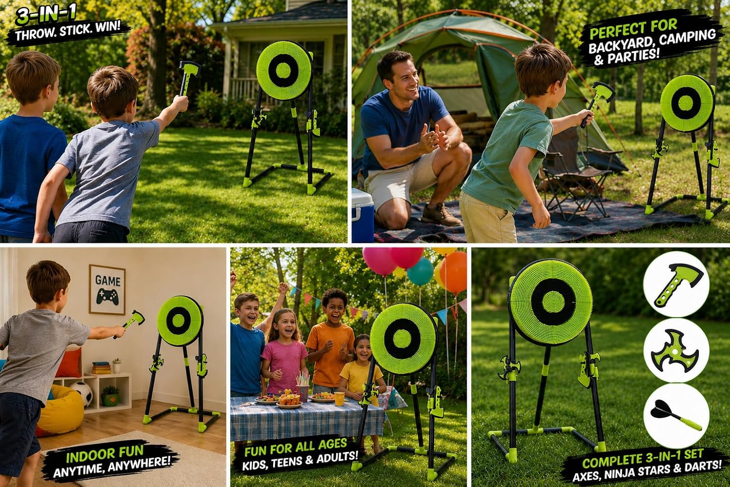 Leeray 3-in-1 Axe Throwing Game for Kids & Adults, 18" Bristle Dart Board with Stand, Throwing Axes, Soft Tip Darts & Ninja Stars, Indoor Outdoor Backyard Games, Camping & Family Party Fun