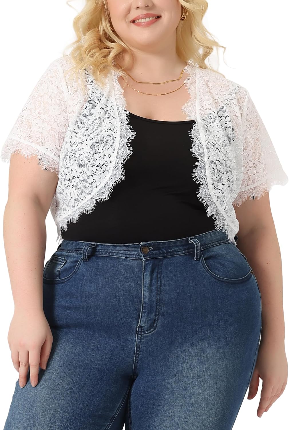 Agnes Orinda Plus Size Lace Cardigan for Women Elegant Short Sleeve Sheer Floral Lace Bolero Shrug Top - Image 2