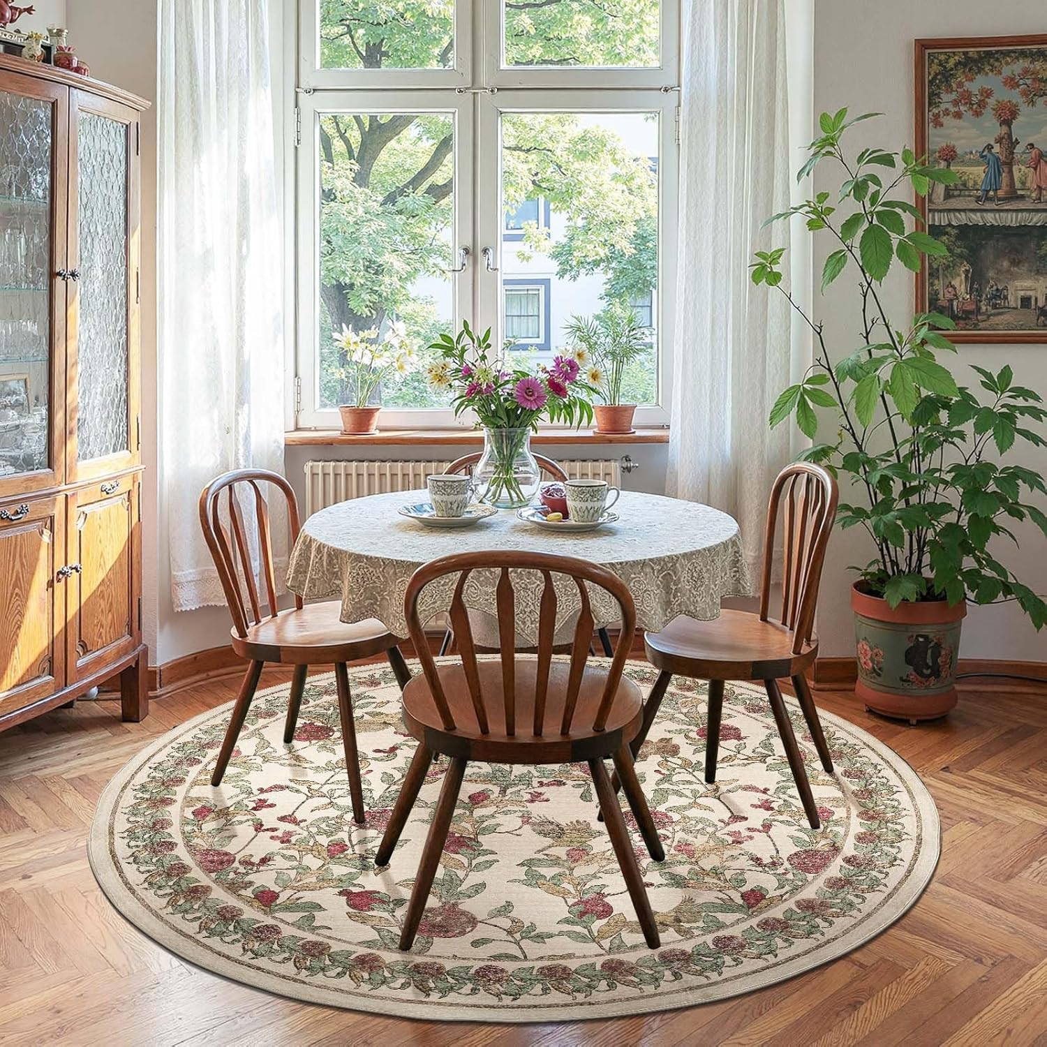 jinchan Eden Floral Round Rug 6ft Area Rug Washable Vintage Soft Non-Slip Distressed Red Green 6' Circle Carpet Low Pile Accent Rug for Living Room Dining Room Bedroom Home Office