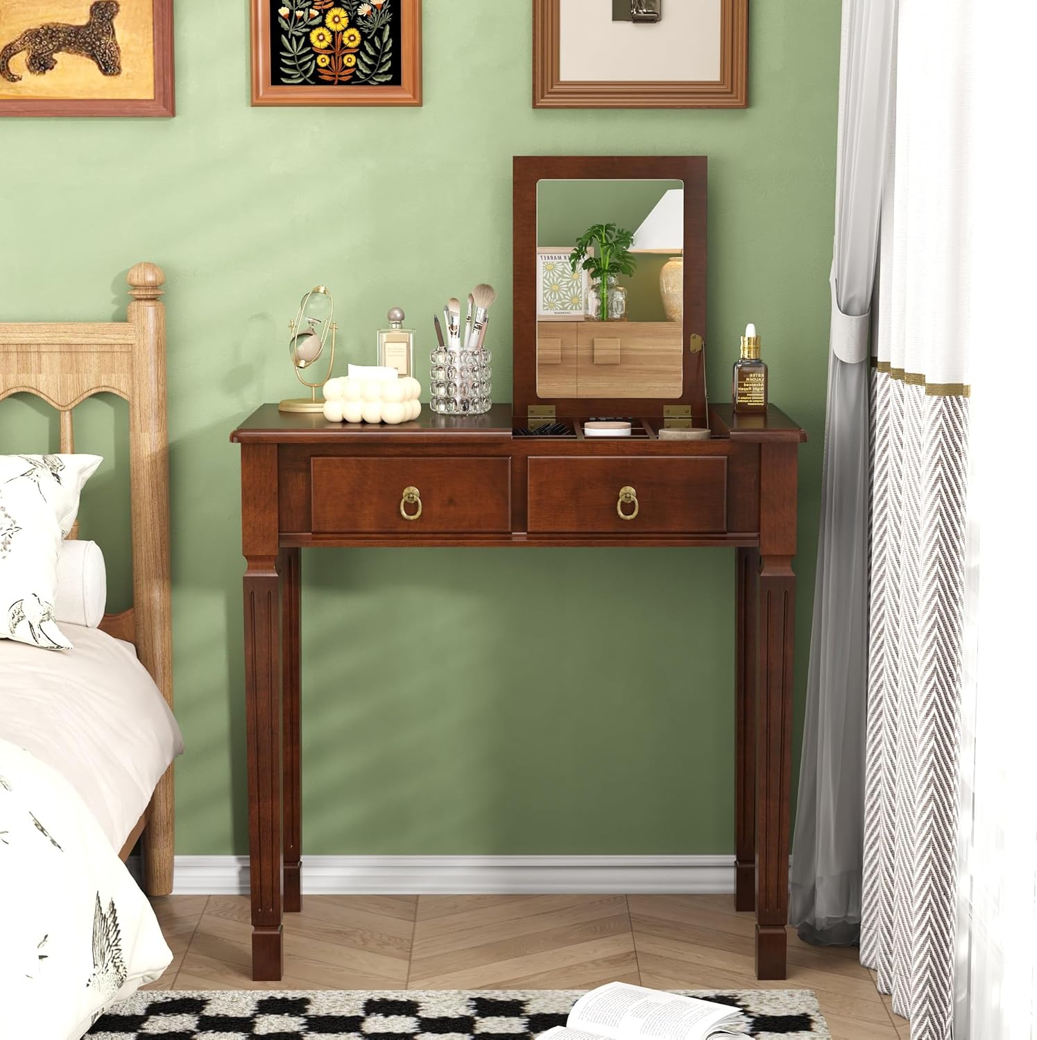 LEEMTORIG 31.5" Solid Wood Small Vanity Desk with Flip-top Mirror, Compact Wooden Writing Desk with Drawers, 3 in 1 Secretary Desk/Dressing Table/Nightstand for Small Space, Cherry Walnut SZT-D0036
