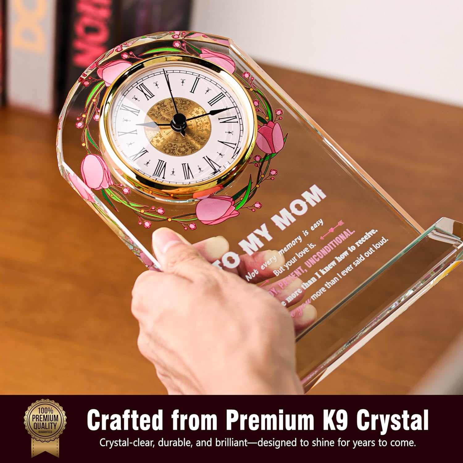 Mom Crystal Clock Gifts from Daughter or Son,Elegant Desk Clock with Base for Christmas Mother‘s Day,Birthday Gift Idea for Mom Who Has Everthing