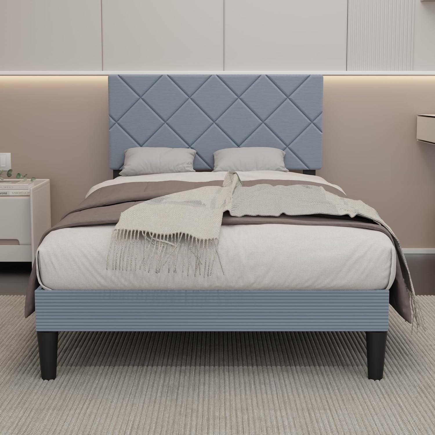 Twin Size Bed Frame with Adjustable Headboard, Chenille Fabric Upholstered Platform Bed, Twin Bed Frames with Strong Metal Slat Support,Mattress Foundation, No Box Spring Needed,Easy Assembly Gray | Adjustable Headboard, No Box Spring Needed