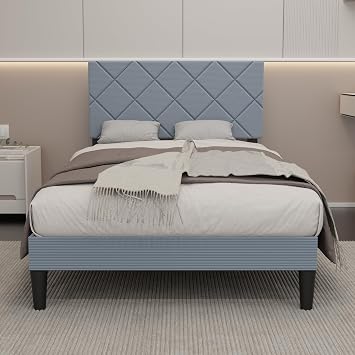 Twin Size Bed Frame with Adjustable Headboard, Chenille Fabric Upholstered Platform Bed, Twin Bed Frames with Strong Metal Slat Support,Mattress Foundation, No Box Spring Needed,Easy Assembly Gray | Adjustable Headboard