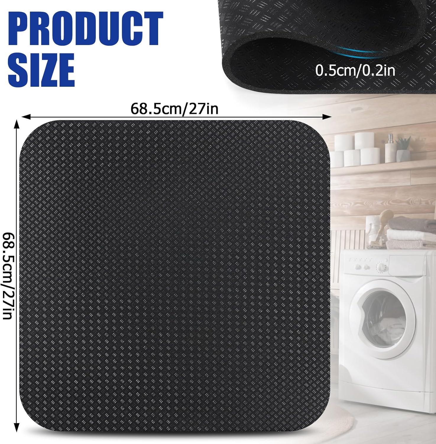 Doubled-Sided Non Slip Under Washing Machine Mat, 27" x 27" Compact Anti Vibration Mat for Washing Machine, Heavy Duty Washer and Dryer Mats for Floor Protection Under Refrigerator Mats
