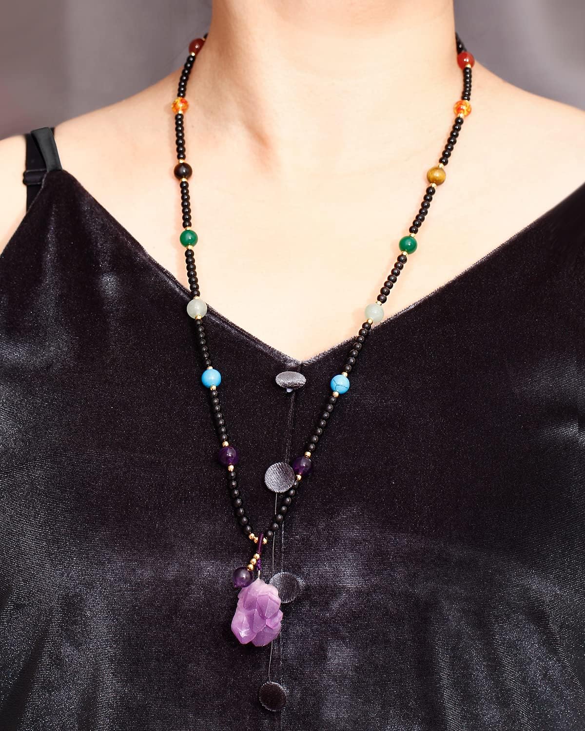 7 Chakra with Raw Quartz Amethyst Crystal Long Necklaces for Women Stones and Crystals Meditation Balance Black Agate Beaded Necklace - Image 2