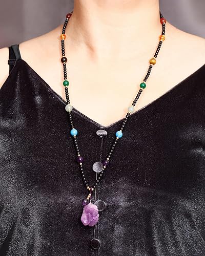 Miniatura 2 de Collares largos de 7 chakras con cristal de amatista de cuarzo crudo para mujer, piedra natural, cristales curativos, collar de cuentas de