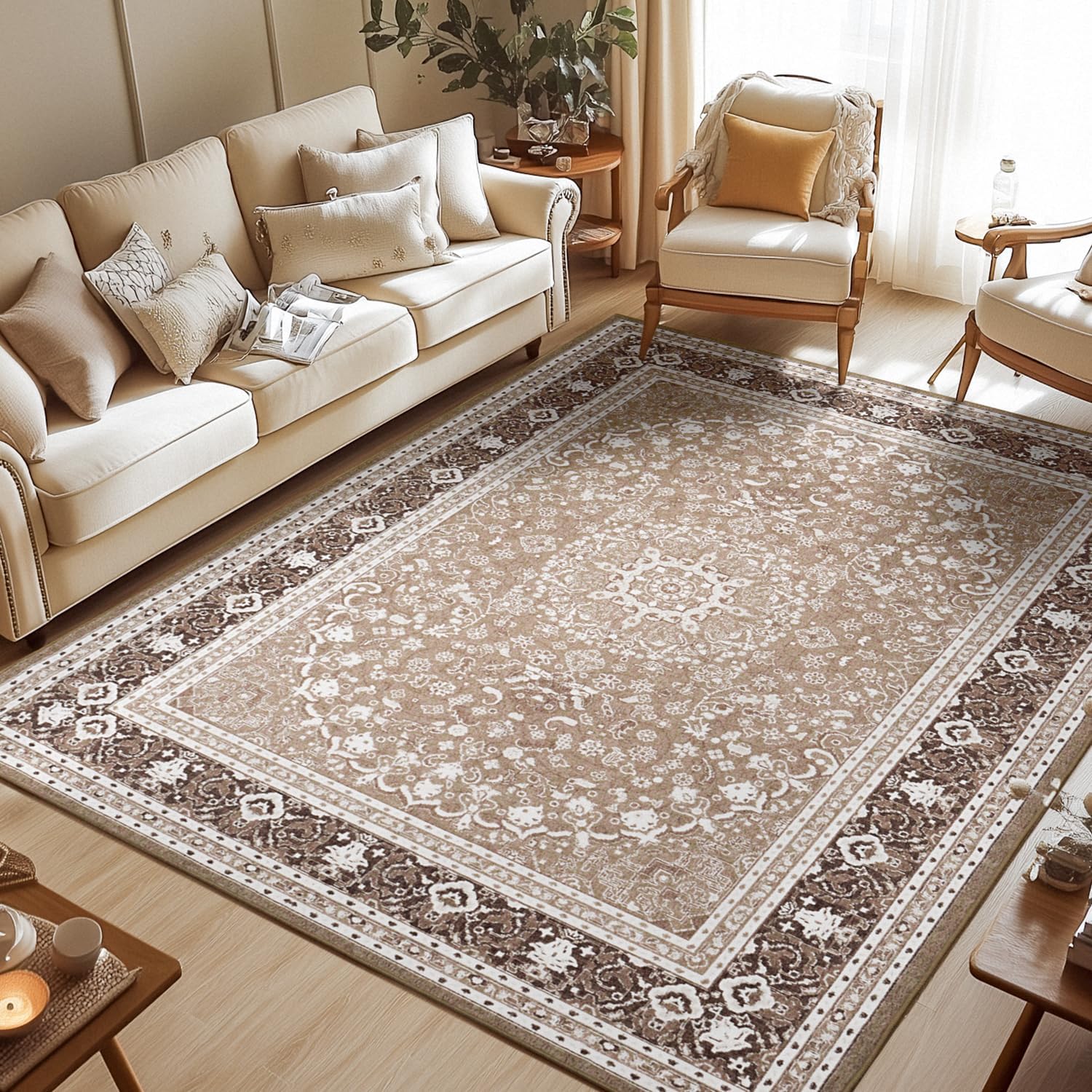 Lessymo 9 x 12 Area Rugs for Living Room, Machine Washable Area Rugs Boho Faux Wool Low Pile Area Rug for Bedroom, Floral Medallion Vintage Rugs with Non-Slip Rubber, Kid & Pet Friendly, Brown White Brown White 9' x 12' (Rectangular)