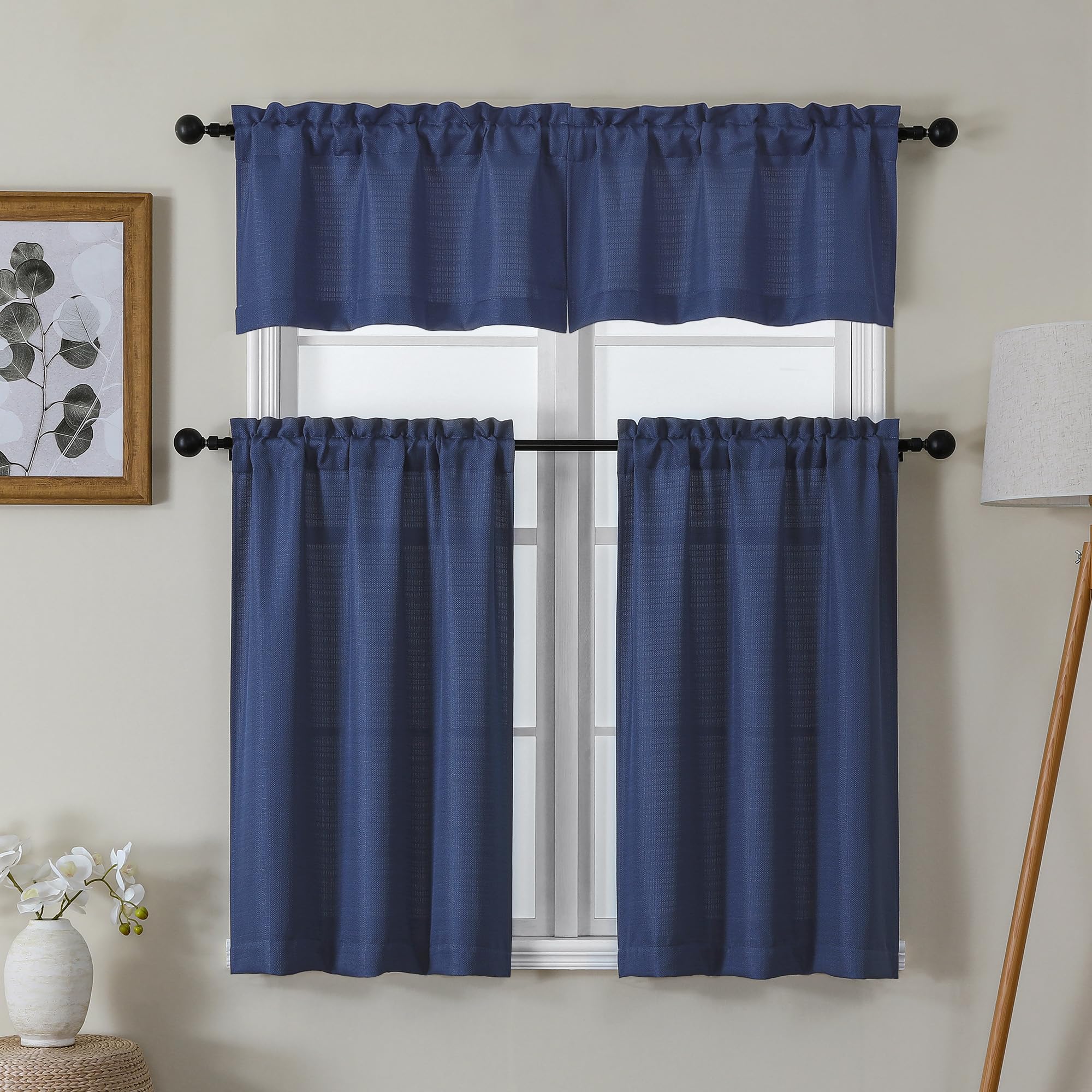 Navy Blue Faux Linen Window Valance - 60x14 Inch Light Filtering Short Curtain With Rod Pocket For Kitchen, Bathroom & Farmhouse - View #10