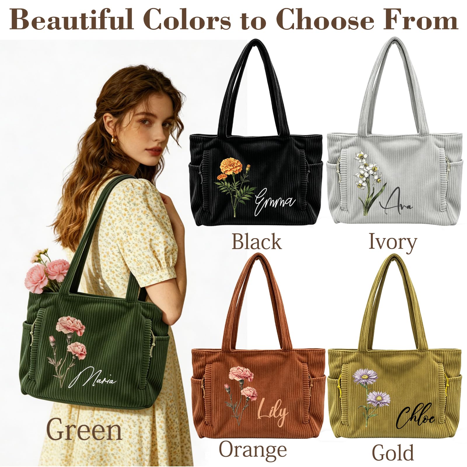 Bolsa de mano de pana personalizada para mujer, bolsa de hombro con cremallera de gran capacidad y bolsillos laterales