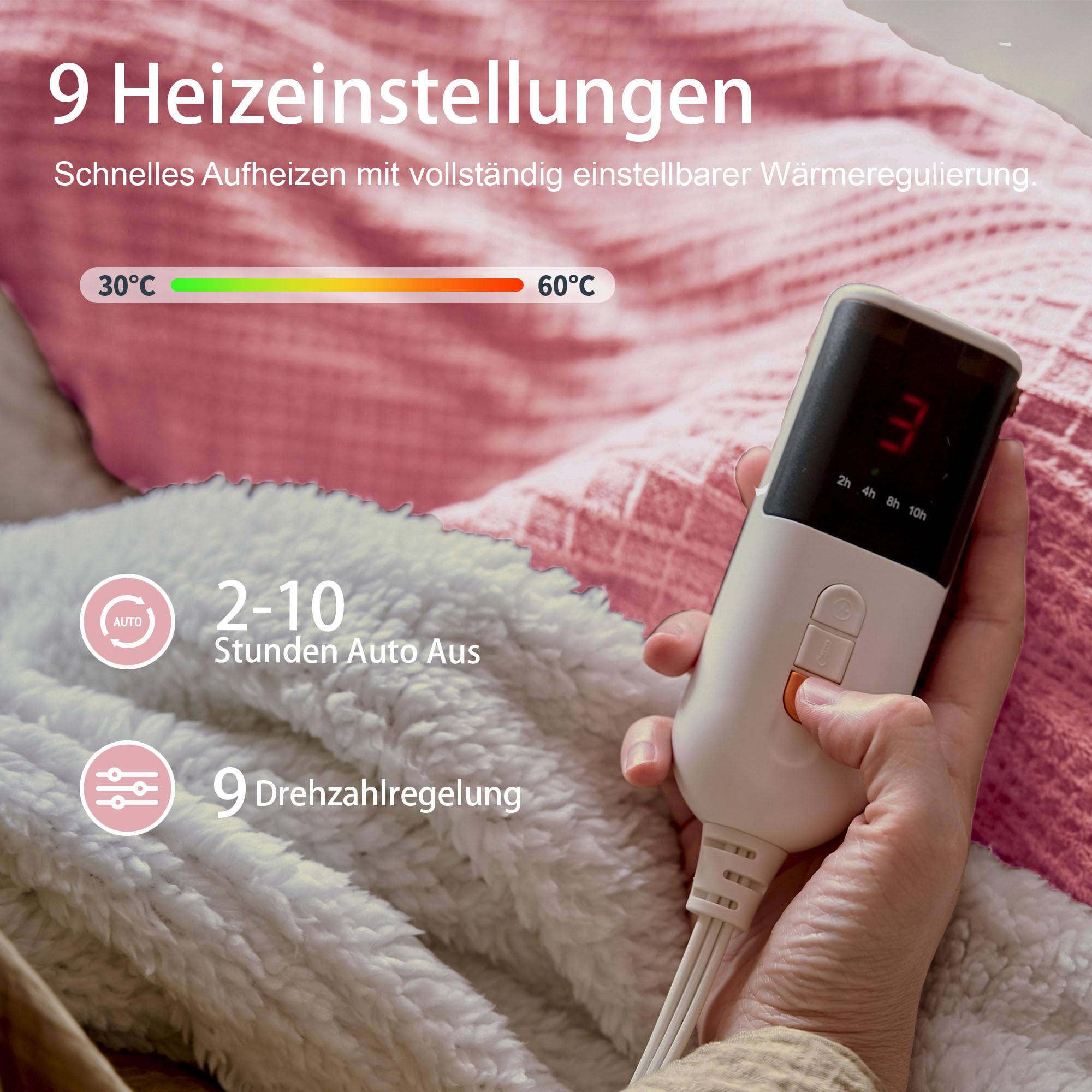 Texciting heizdecke 130X160 cm-Wärmedecke heizdecke mit 9 Heizstufen-10 Stunden Auto Off Überhitzungsschutz Maschinenwaschbar (Rosa)