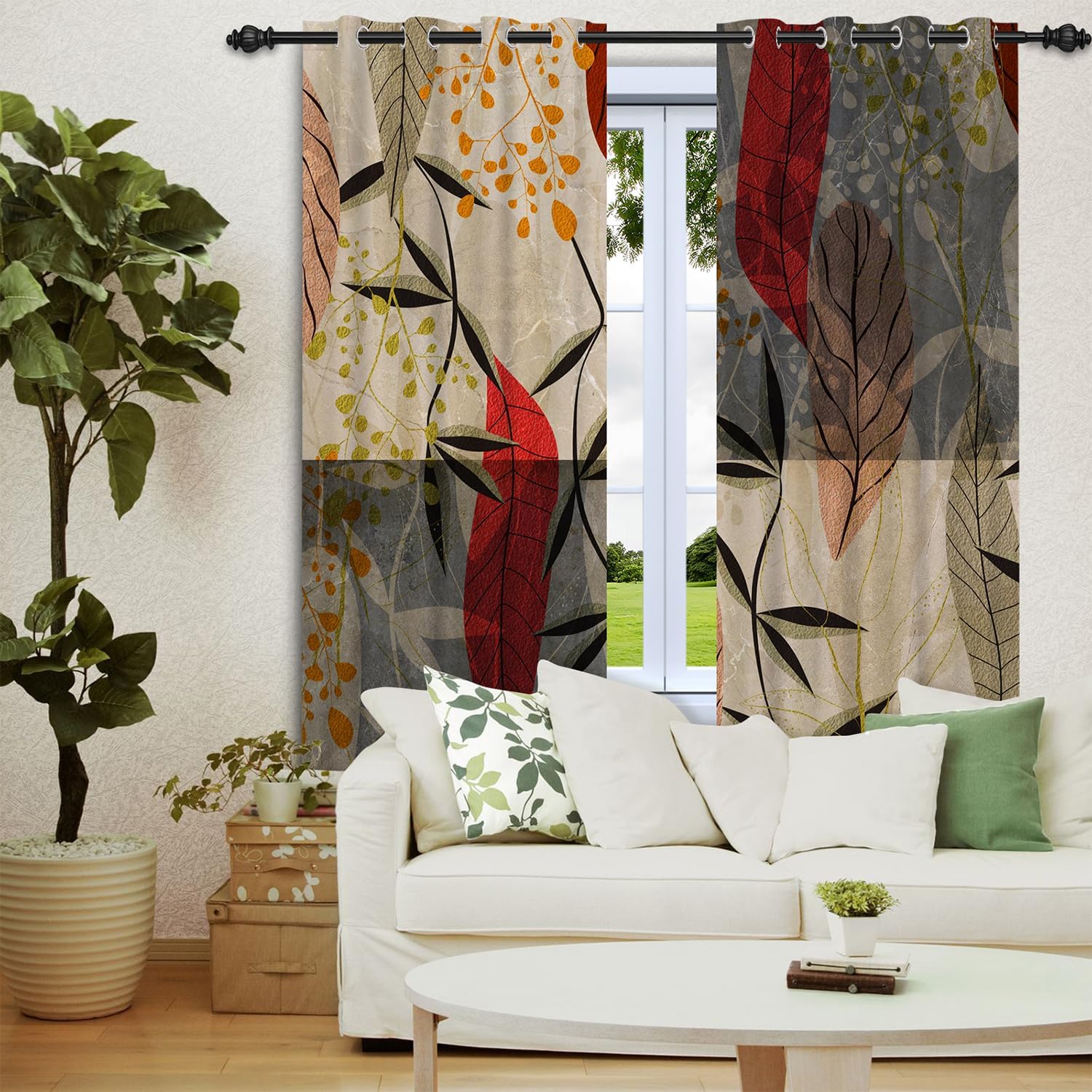 Bedroom Blackout Curtains 2 Panels Set - Earthy Botanical Leaf Collage Curtain Drapes with Grommet Top, Thermal Insulated Room Darkening Window Treatments for Modern Boho Homes, 52Wx84L