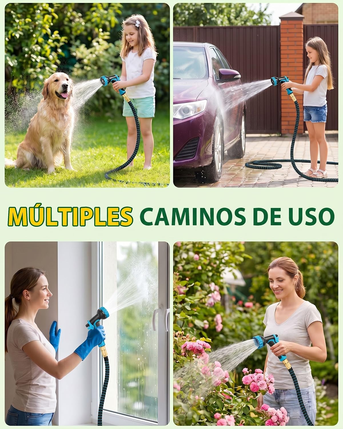 Manguera de Jardín Extensible 45m Fácil de Usar, No se Enreda, Antifugas, Pistola de Riego 10 Modos, Conectores de Latón
