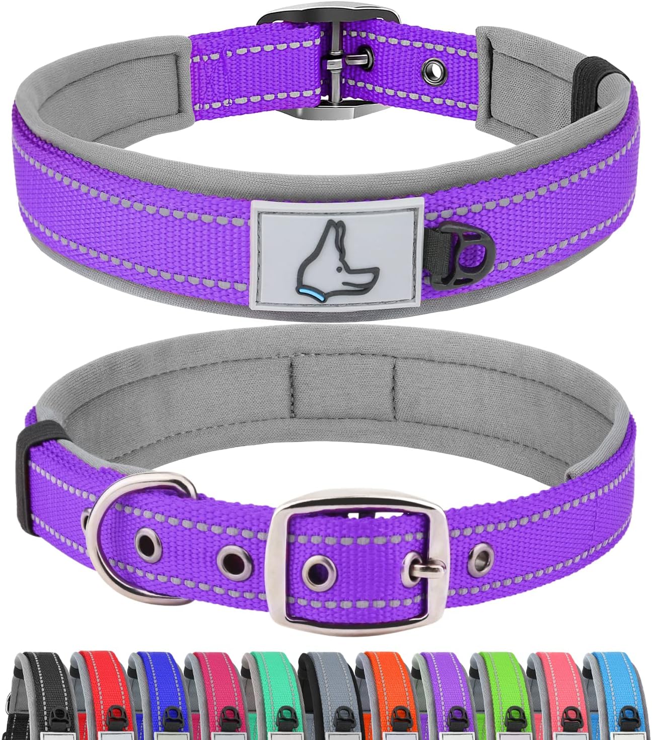 FunTags Neoprene Padded Dog Collar,Reflective Thick Nylon Dog Collar with Metal Buckle for Small Medium Large and Extra-Large…