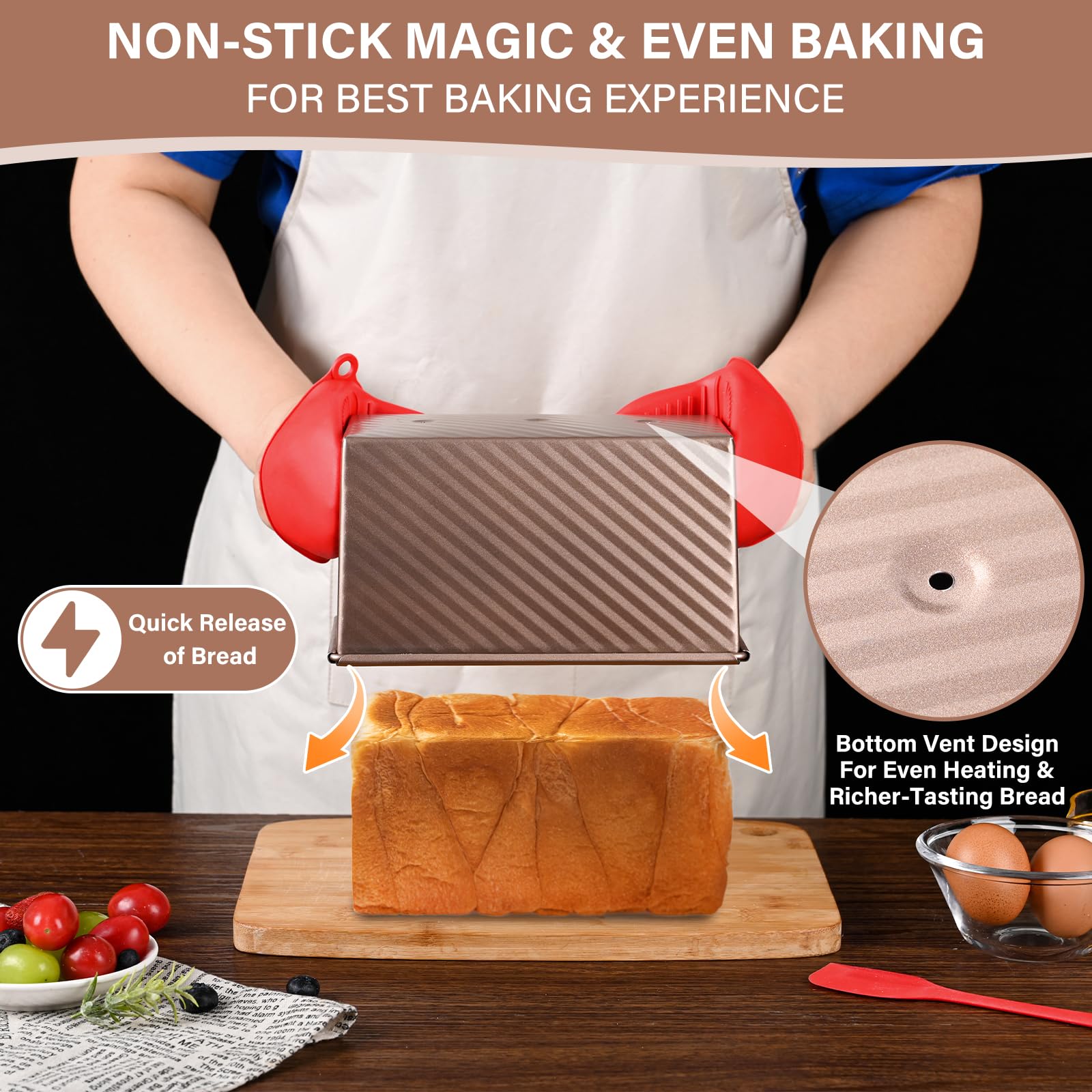 2 Pack Pullman Loaf Pan with Lid, 1 lb/0.5 lb Dough Capacity for Homemade Bread, Non-stick Corrugated Carbon Steel Bread Toast Box with Cover for Bakeware, Sandwich & Toast Oven Baking, Gold - Image 7