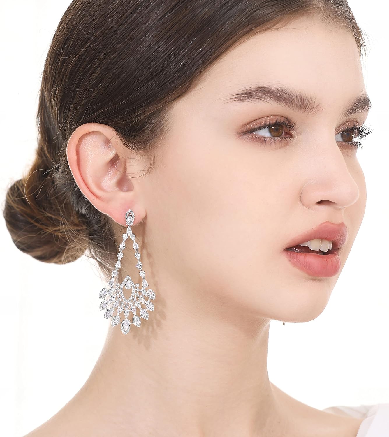 Wedding Earrings for Brides, Silver Earrings for Women, 18K White Gold Plated Sterling Silver Post Cubic Zirconia Dangle Earrings, Clear Crystal Hypoallergenic Chandelier/Tassel Earrings - Image 5