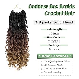 Goddess Box Braids Crochet Hair 10 Inch 8 Packs Pre-looped Bohemian Crochet Boho Box Braids With Curly Ends 3X Crochet Braids Hair for Women Synthetic Braiding Hair (10 inch, T1B/30/27)