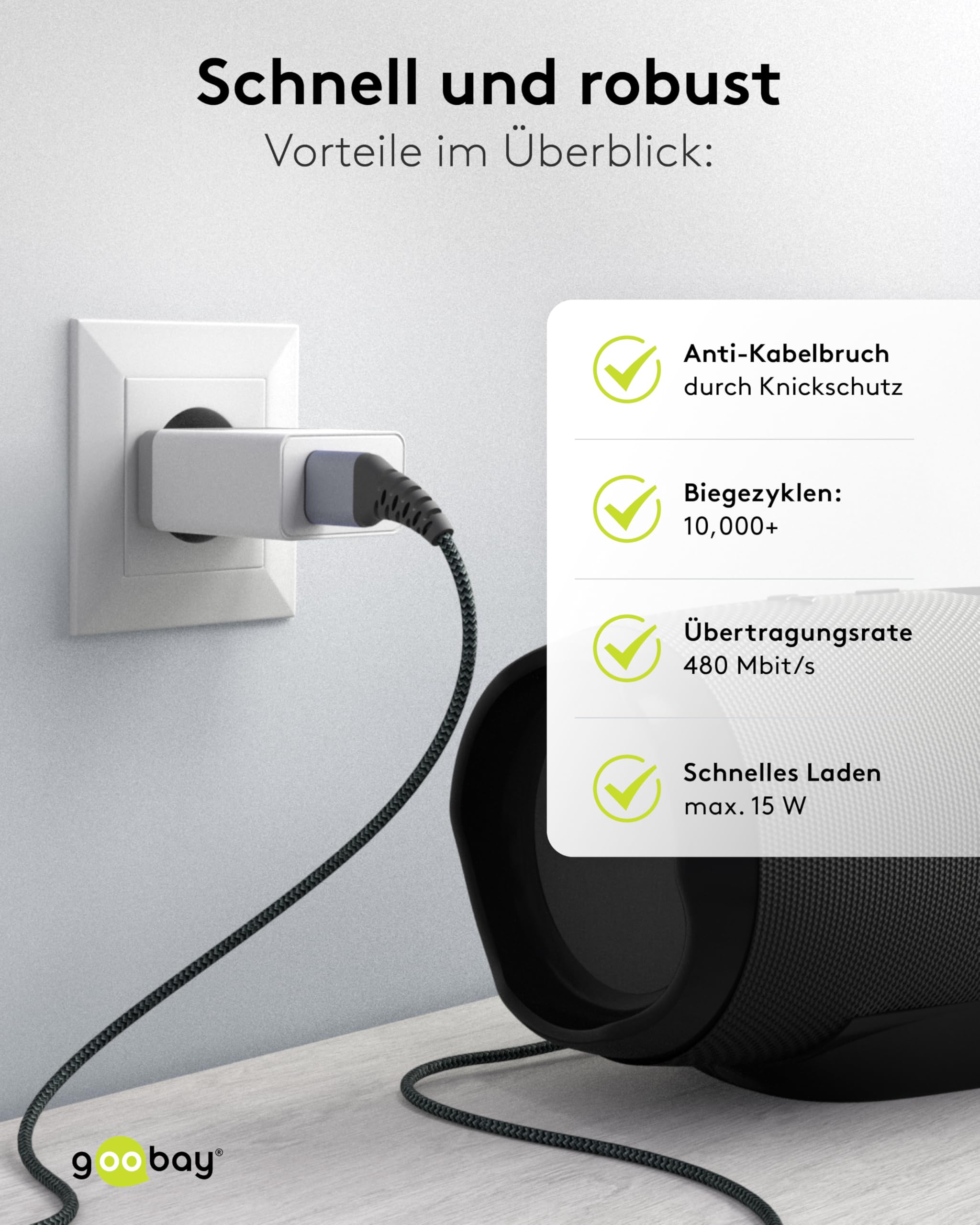 Goobay 49296 kabel do szybkiego ładowania USB C na USB A 15 W 3A / bardzo wytrzymały kabel tekstylny / 480 Mbits kabel do ładowania USB C/kabel do szybkiego ładowania Samsung USB C 1 m/kabel