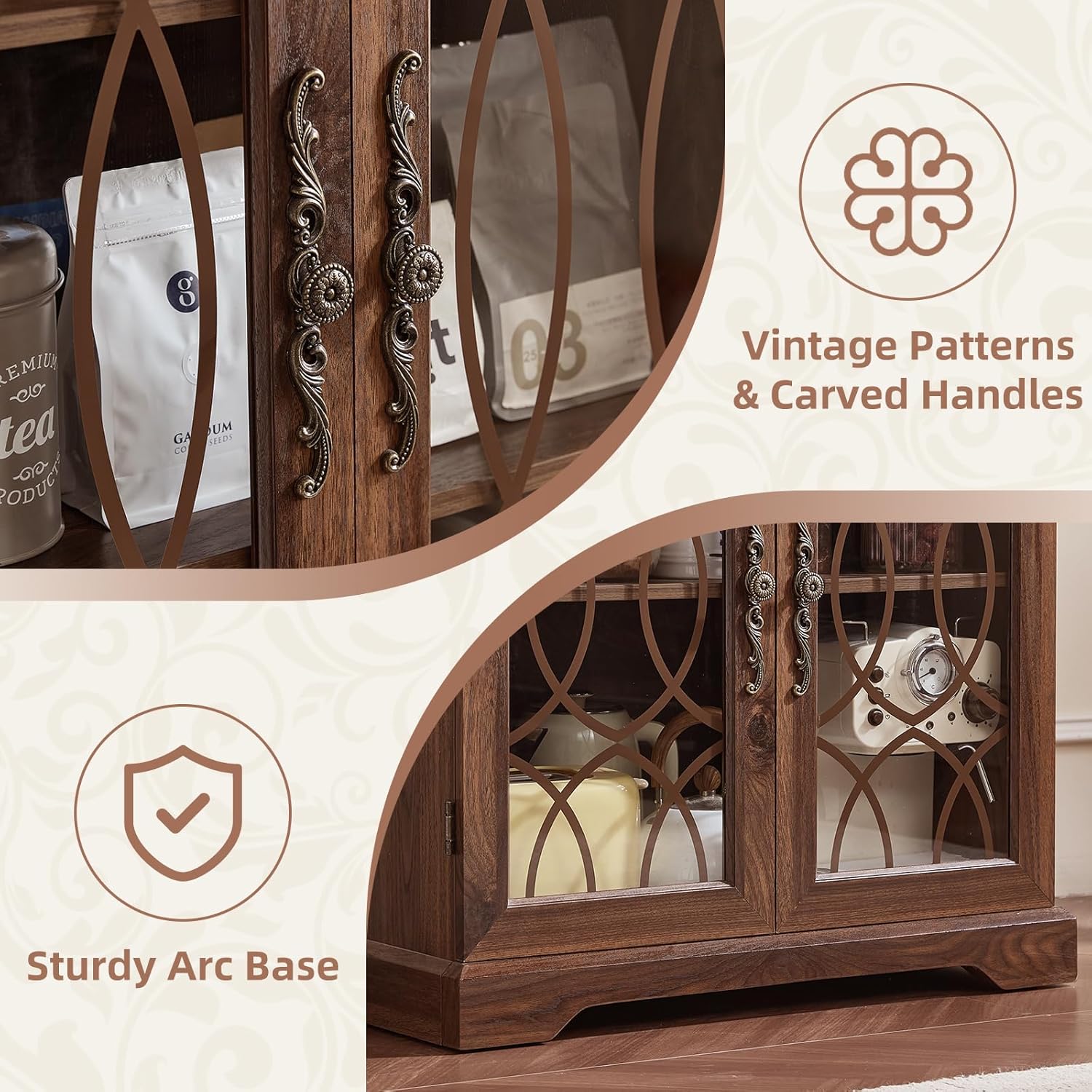 Joaxswe 67" Tall Pantry Cabinet, Wood Kitchen Pantries Cabinets with Glass Doors & Adjustable Shelves, Freestanding Vintage Cupboard with Large Storage for Dining Room, Bathroom, Brown