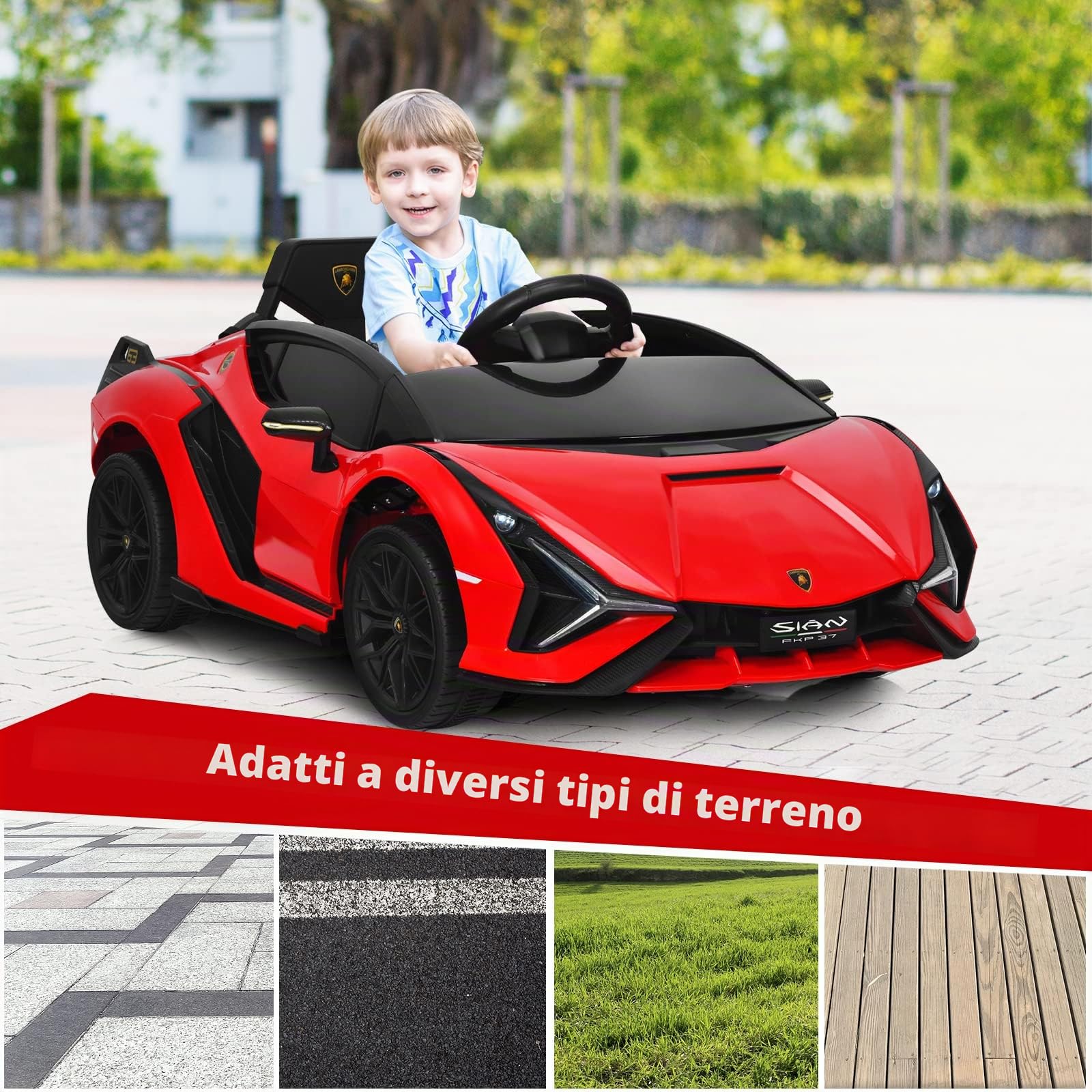 SOARS Macchina Elettrica per Bambini Lamborghini SIAN 12V con Telecomando, Auto Elettrico a Pedale e Luci LED, Veicoli con Musica, MP3, Clacson e Radio, Carico 25 kg, 3-8 Anni (Rosso)