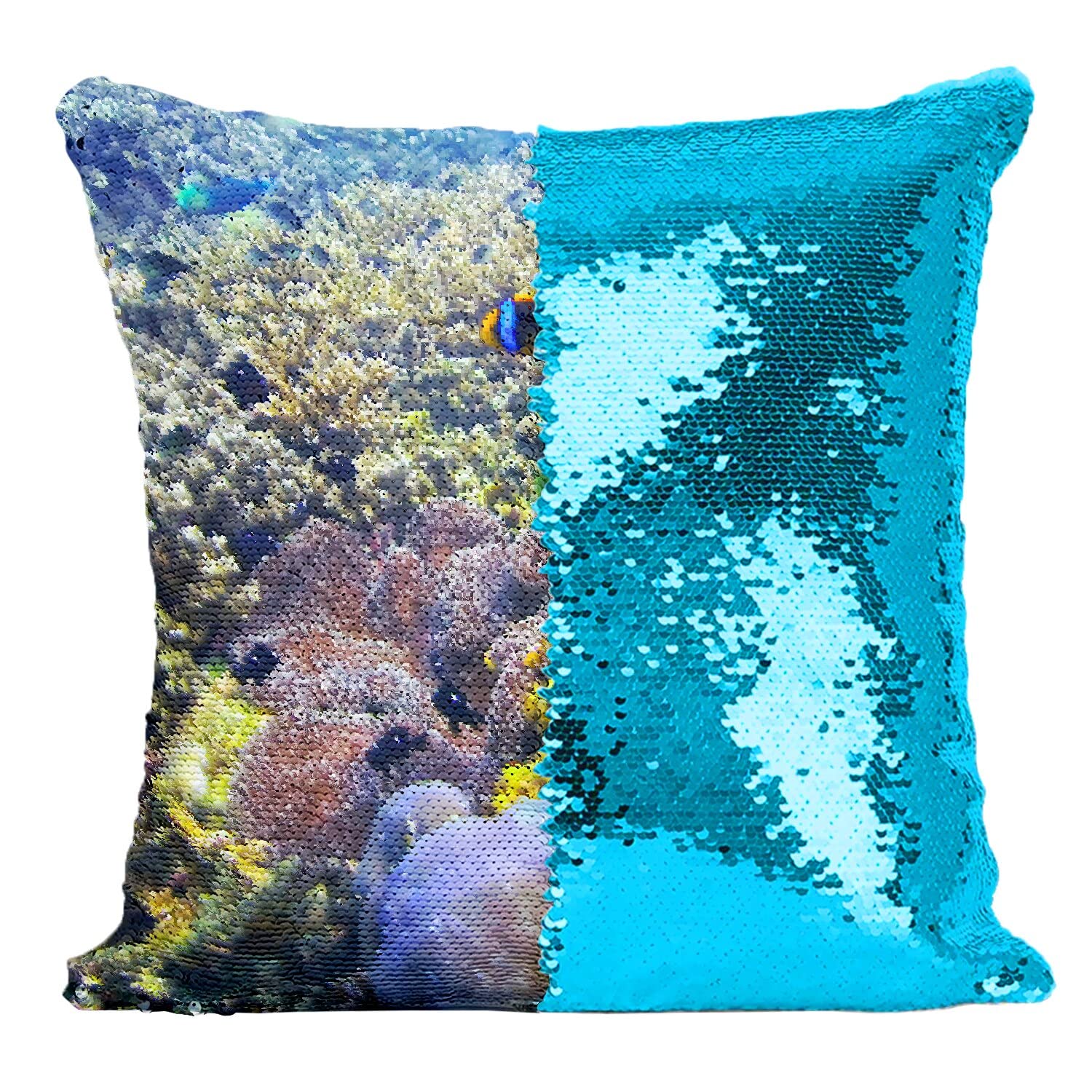 Coussin sequin turquoise motifs fonds marins avec housse paillettes et design poisson clown