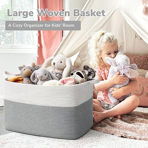 Vista 106 de Goodpick Cesta grande de almacenamiento de juguetes, cestas de cuerda de algodón gris para bebés, niños, cesta de almacenamiento tejida con asa