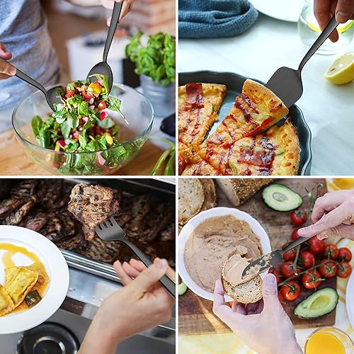 Miniatura 4 de LIANYU Juego de cubiertos de 65 piezas color negro mate con utensilios para servir, juego de cubiertos de acero inoxidable para 12, vajilla cuadrada