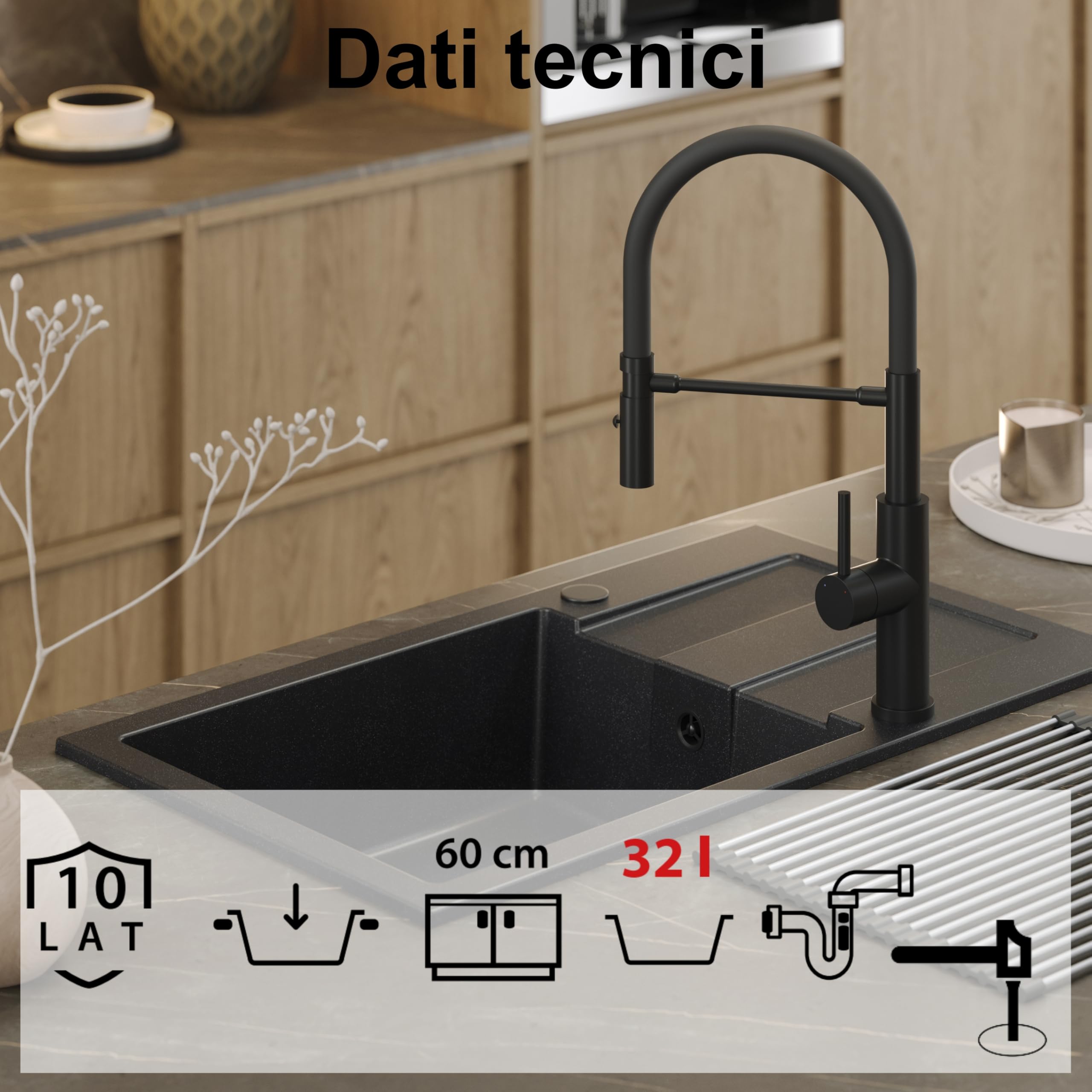 QUADRON Lavello beige | Dimensioni 78 x 45 x 18,5 cm |Lavello in granito CHRISTIAN 136 XL Lavello da cucina a una vasca | manuale e gocciolatoio |Lavello da incasso a 1 vasca
