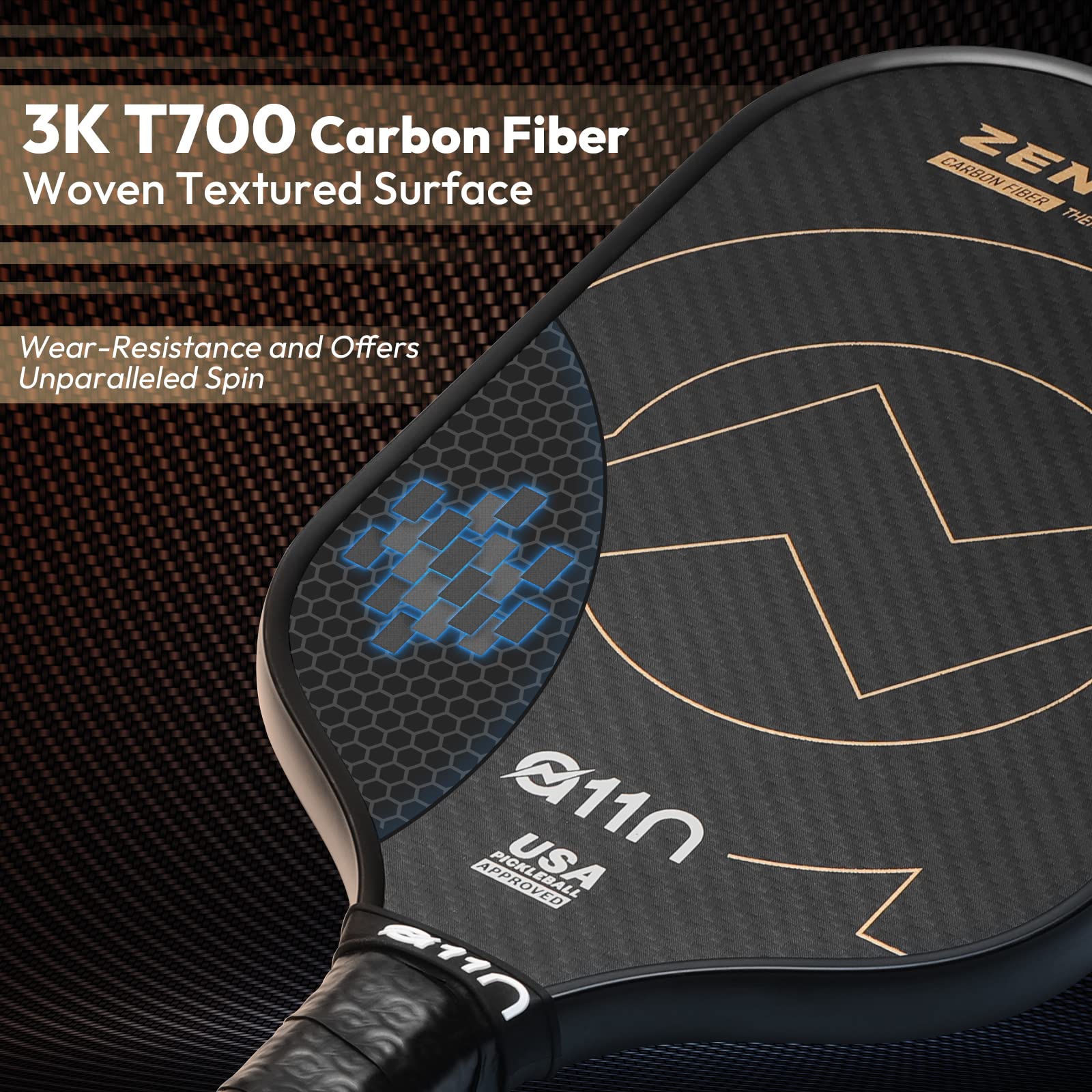 A11N Zenith C7-16mm Pickleball Paddle, T700 Carbon Fiber Thermoformed with Foam Injected Walls, USA Pickleball Approved, Elongated Shape, Gold