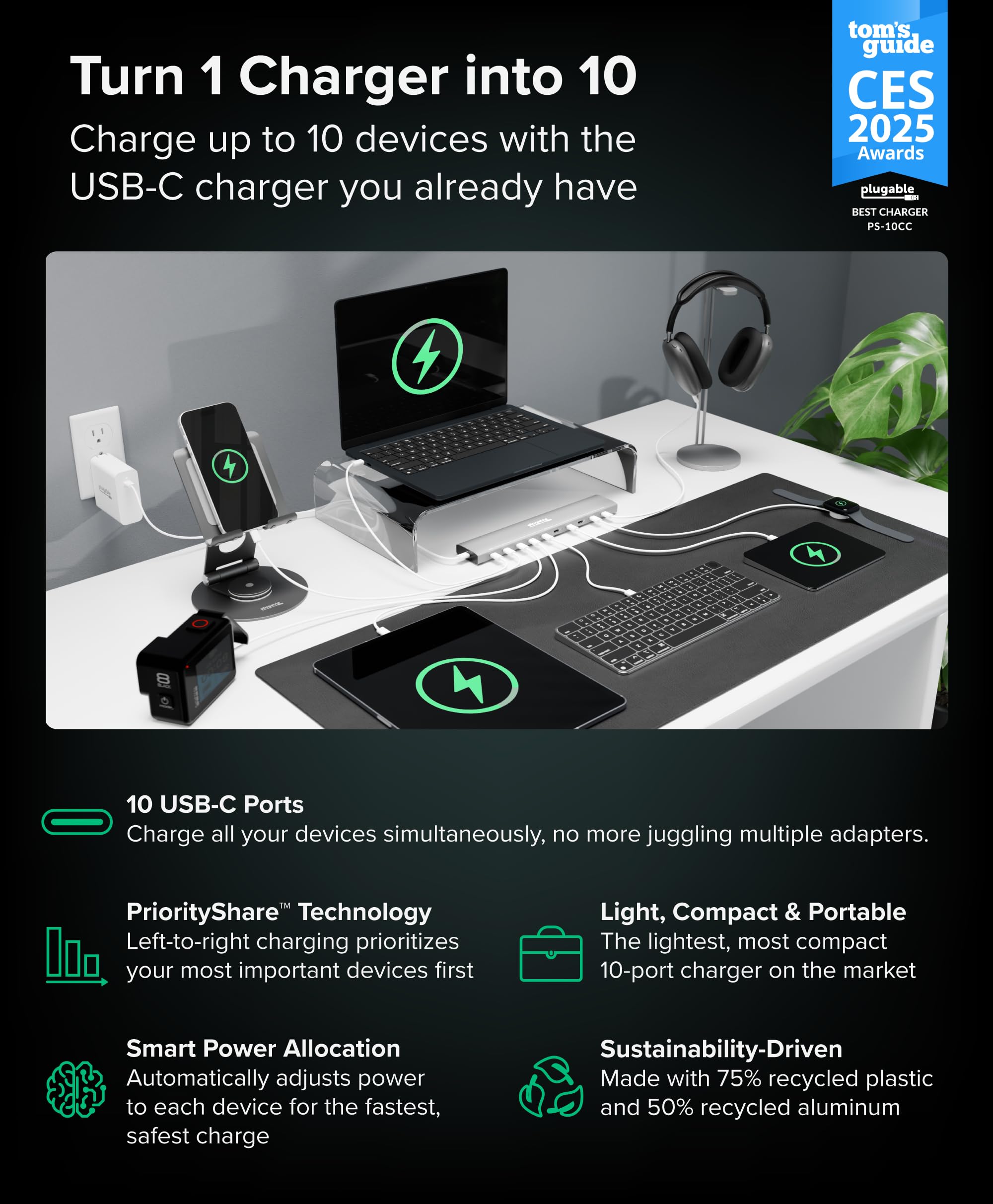 Plugable 10 Port USB C Charging Station, Up to 100W Charger for Multiple Devices with Priority Charging, Desktop Power Hub for USBC Devices Including Laptops Phones Tablets Earbuds and More (PS-10CC)