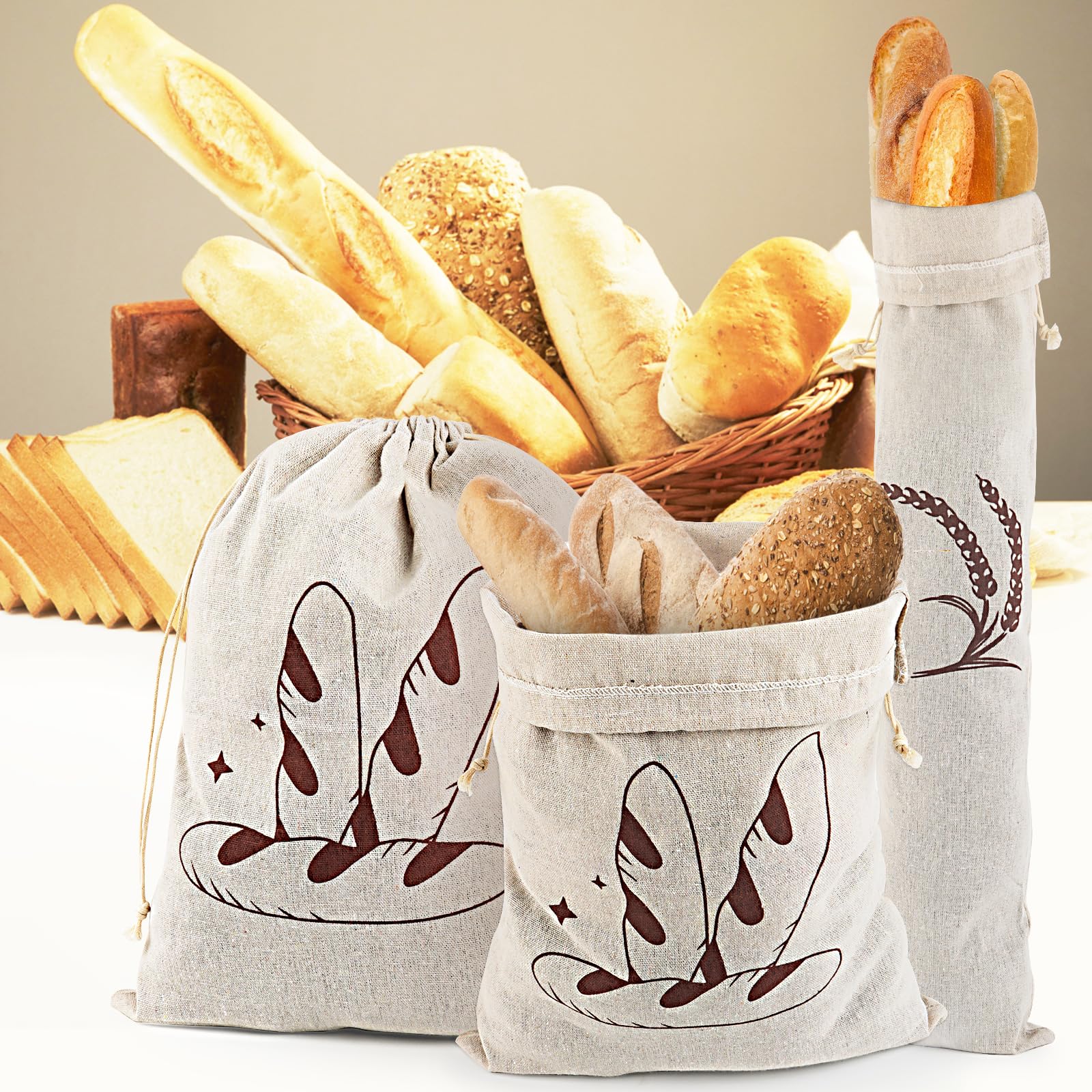 Sacs à Pain en Lin avec Cordon de Serrage Réutilisables Lot de 4 - 30x40 cm et 14.5x63 cm